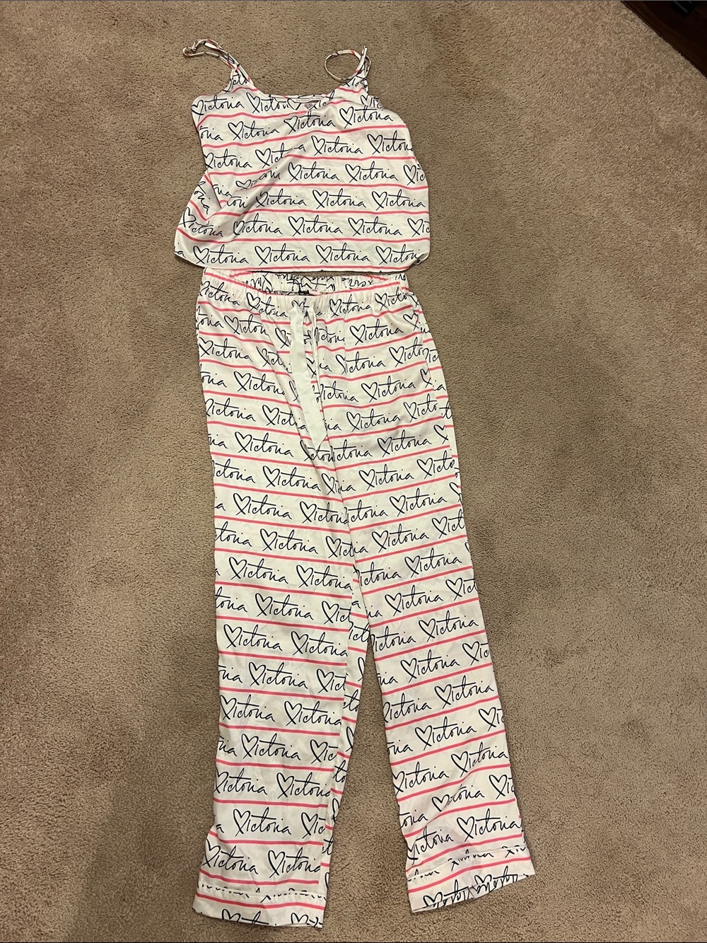 Victoria's Secret White Pajama Set with Pink and Black Script